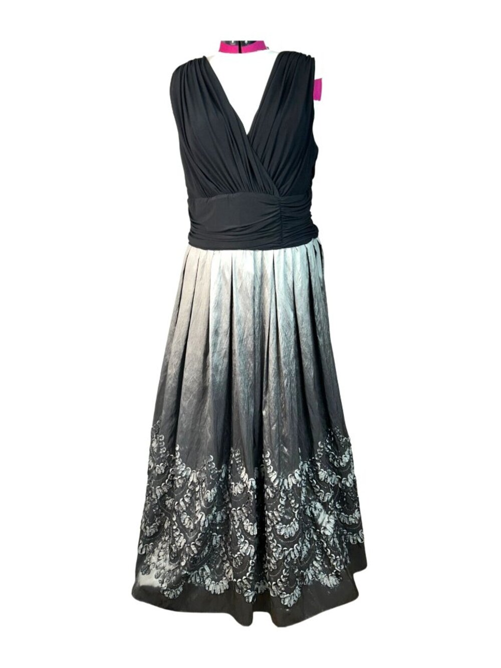 Ignite Evening Black Pewter Black Ruched Waist V-Neck Formal Dress Plus Size 20W